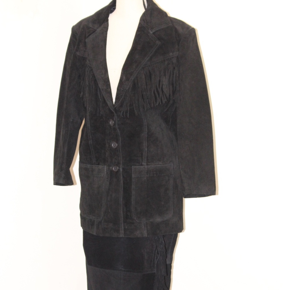 Michael Mims/ Kathy Cole, black Suede Leather Jacket matching skirt with fringe